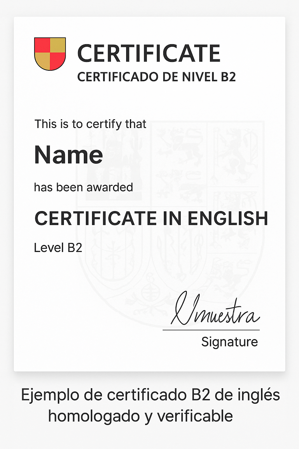 Ejemplo de certificado B2 de inglés homologado y verificable en España